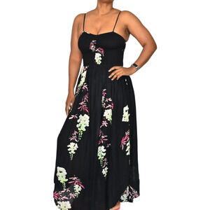 Free People Beau Midi Dress Black Floral Gauzy Smock Slip Sweetheart Sundress XS